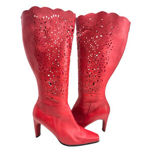 Bellini Boho Red Laser-Cut Scalloped Leather Knee High Boots Womens Sz 8.5M